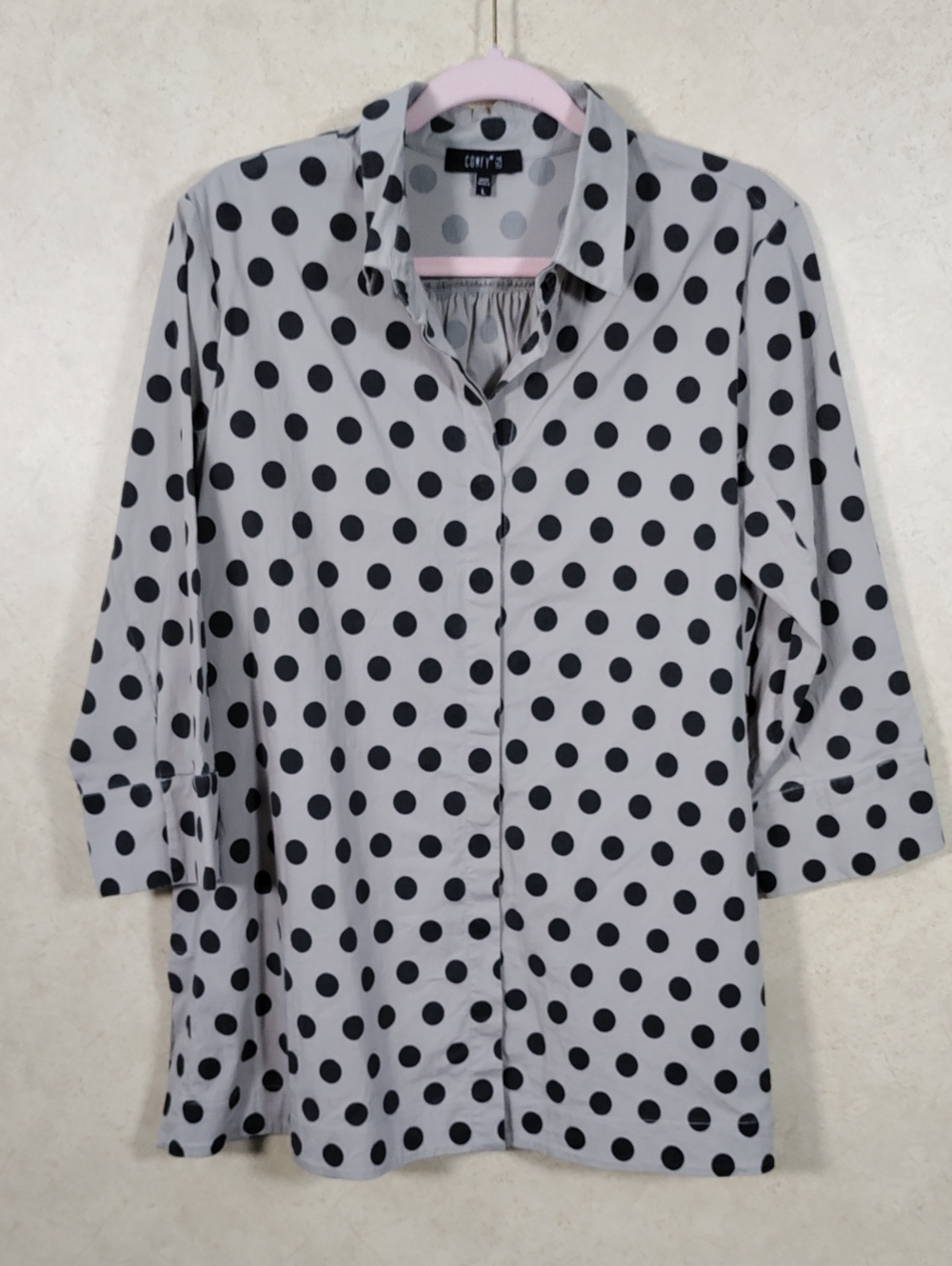 I134 Comfy USA Taupe W/ Black Polka Dots Button Up Tunic L